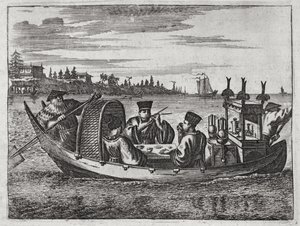 A Wealthy Mandarin Dining in a Boat, illustration from a description of Embassies to China, 1690 by English School